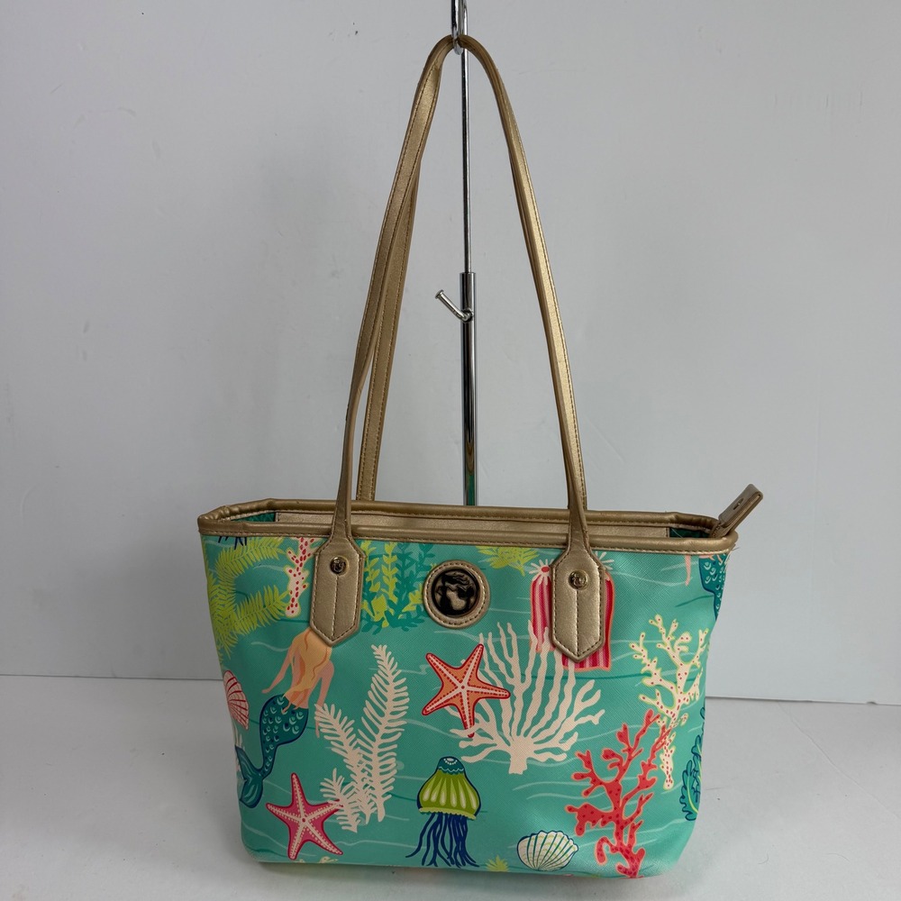 Spartina 449 Mermaid Coral Tote Bag Aqua Coastal Beach Purse Resortwear Travel